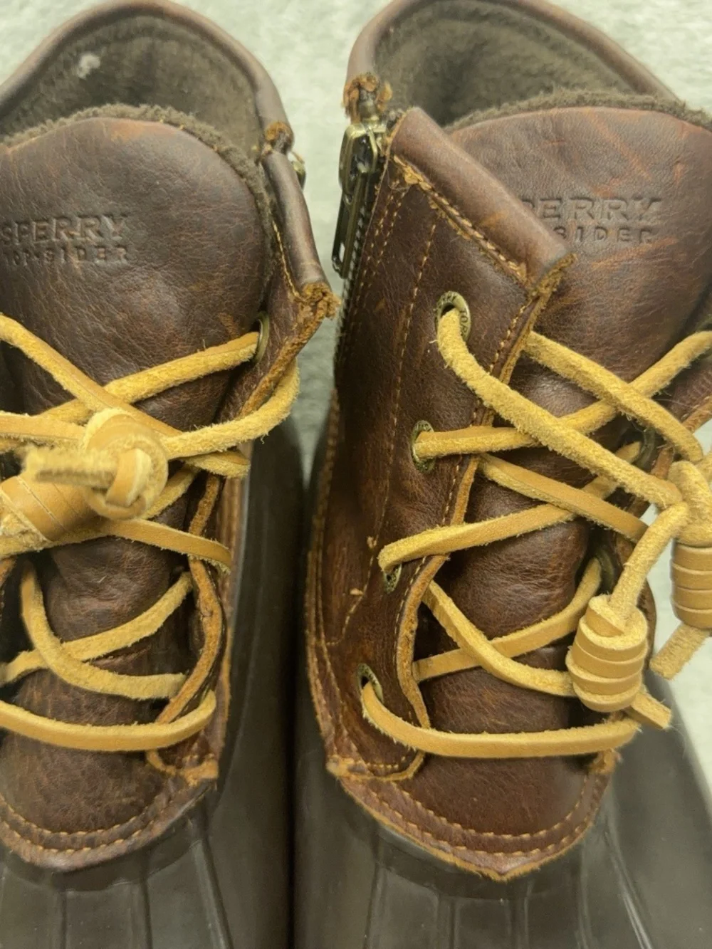 Sperry Saltwater Boots Women 7 Black Brown Leather Rubber Sole Lined Boating